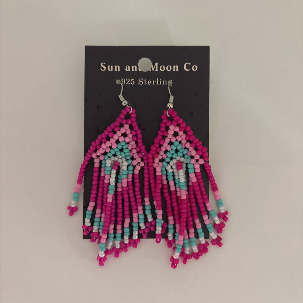 Geometric Tassel Woven Bead Earrings PINK