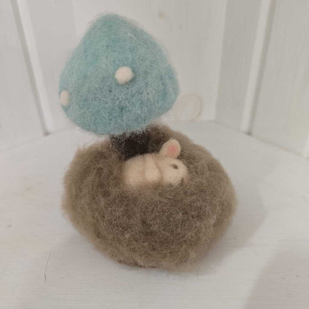 Handmade Felted Wool Decor Sleeping Mouse Under Mushroom
