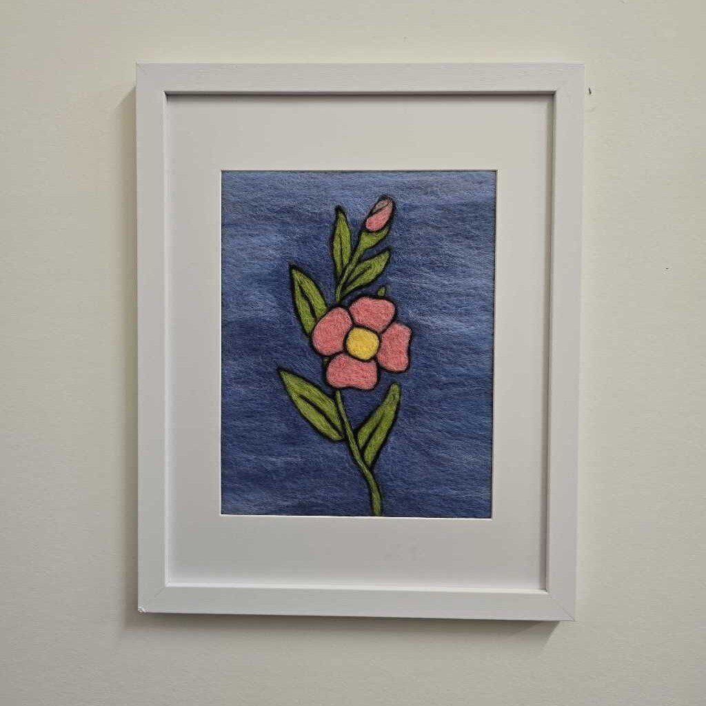 Felted Pink Flower Picture in White Frame