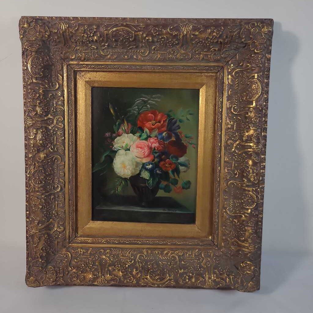 FLOWERS IN VASE IN ORNATE GOLD FRAME
