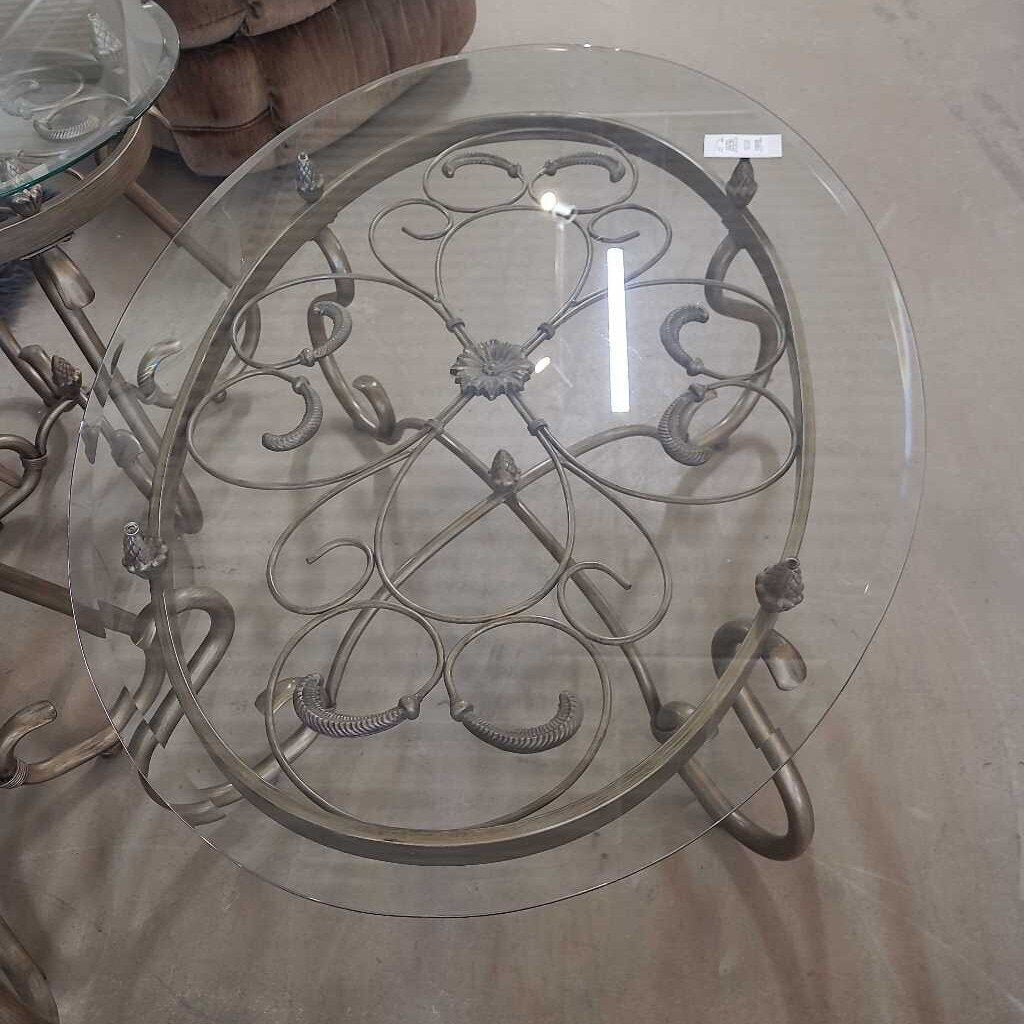 OVAL METAL COFFEE TABLE W/GLASS TOP