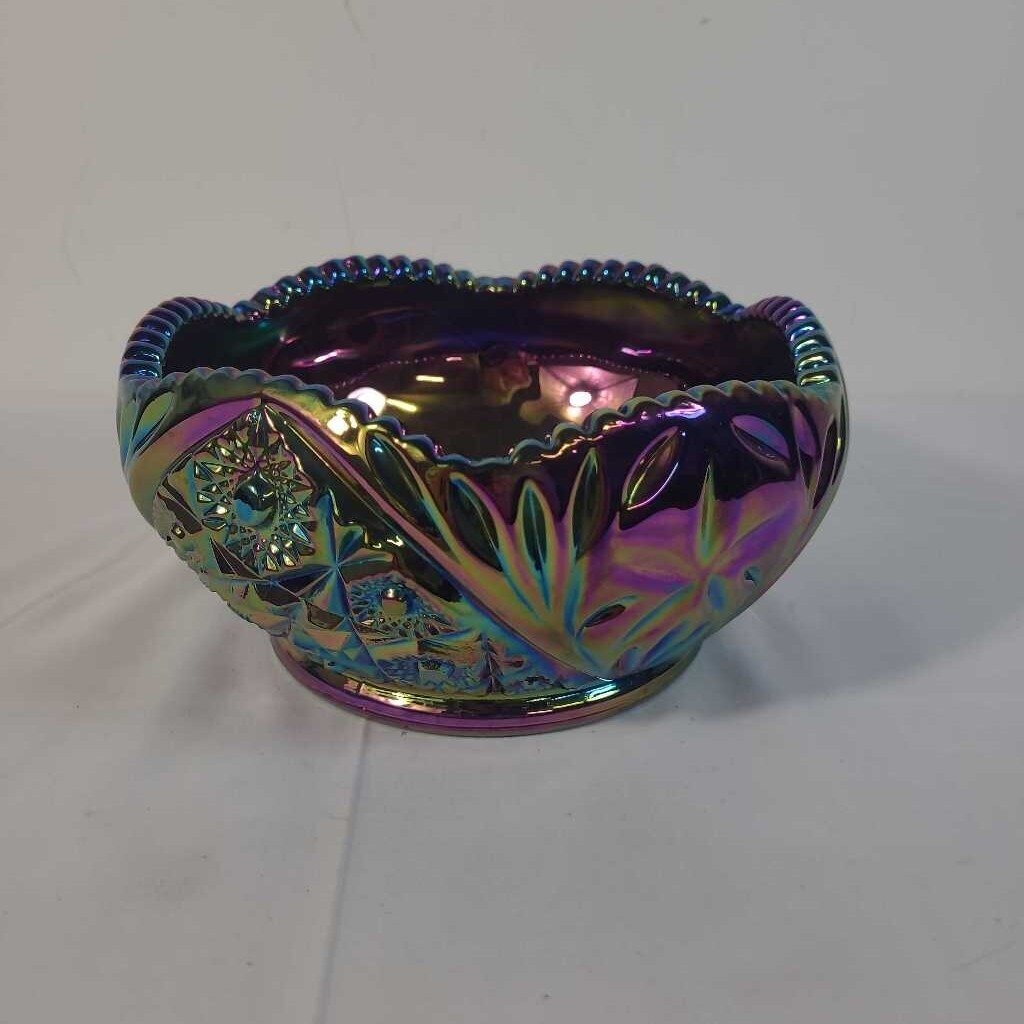PURPLE BLAZE SAWTOOTH RIM CARNIVAL GLASS BOWL
