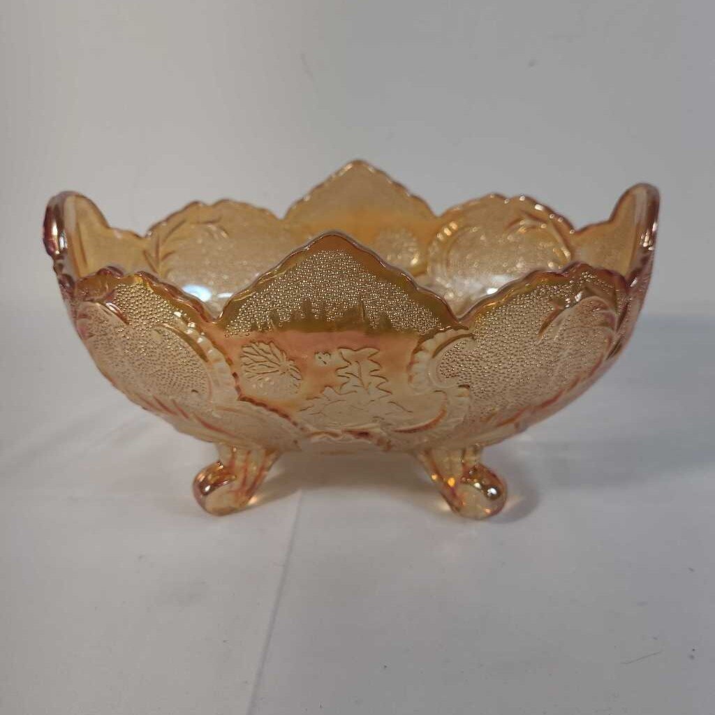 VTG AMBER MARIGOLD LUSTER CARNIVAL GLASS FOOTED BOWL