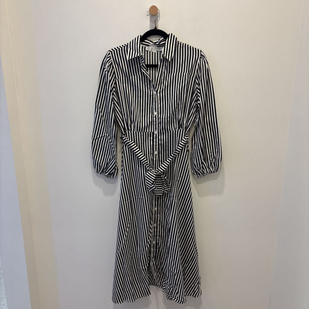 Black & White Striped Long-Sleeve Midi Shirt Dress