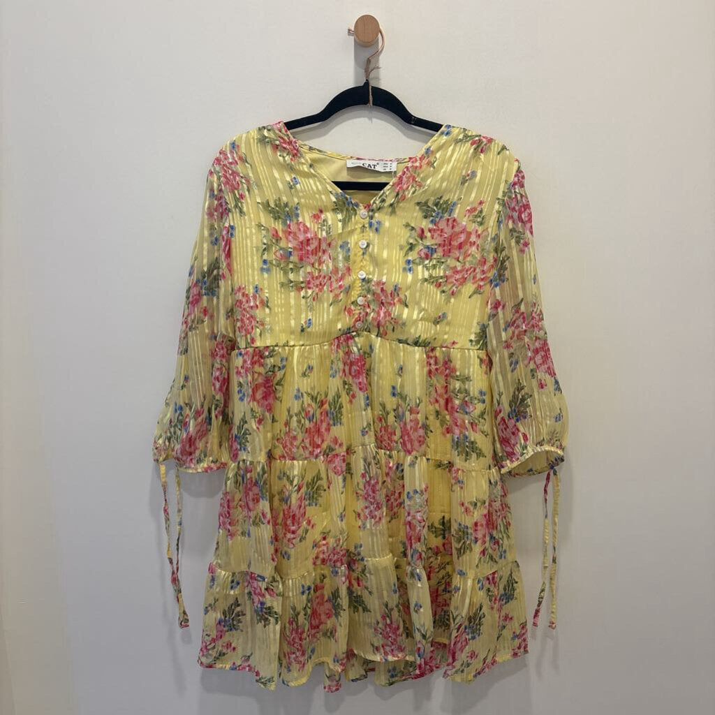 Yellow Floral Metallic Pinstripe Mini Dress