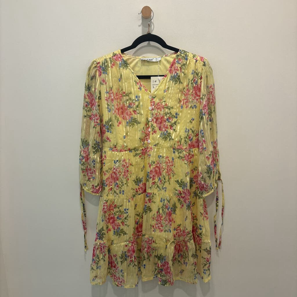 Yellow Floral Metallic Pinstripe Mini Dress
