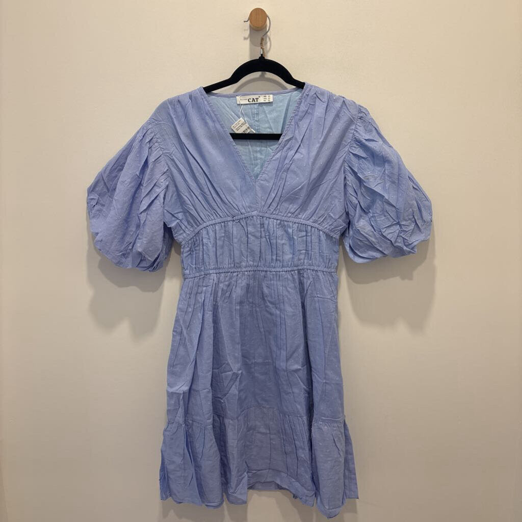 Periwinkle Blue Swiss Dot Puff-Sleeve Mini Dress