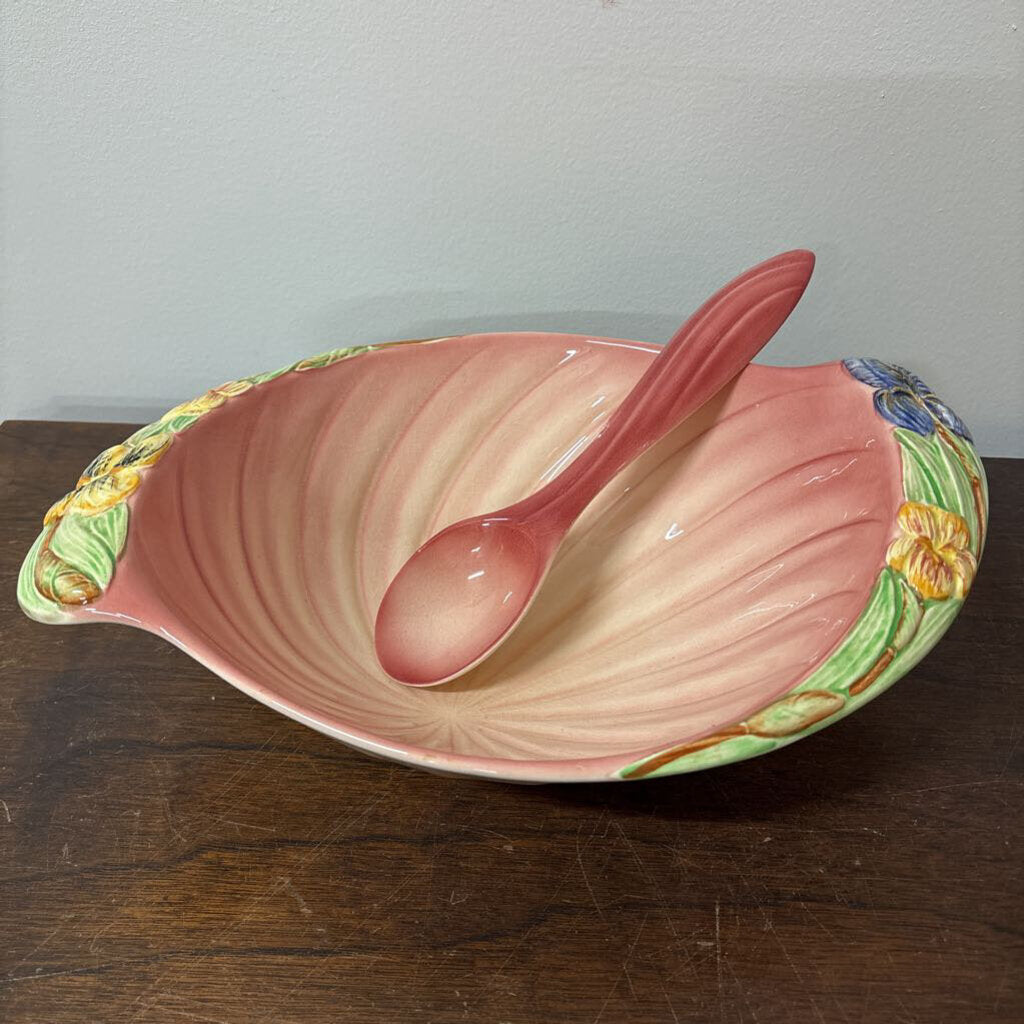 ROSE BOUQUET CERAMIC BOWL WITH SERVING SPOON 1920'S-1950'S