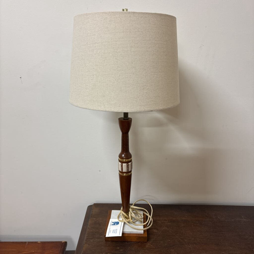 CANDLESTICK LAMP TEAK WOOD WITH MOSIAC INLAY MARBLE BASE 1960'S