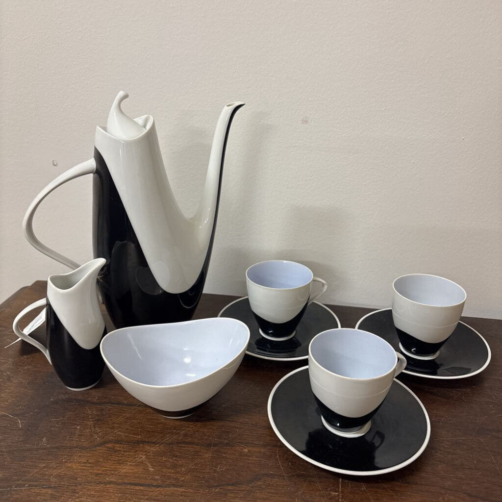 ELKA COFFE/TEA SERVICE SET: 3 CUPS &SAUCERS, CREAM & SUGAR & POT 1957