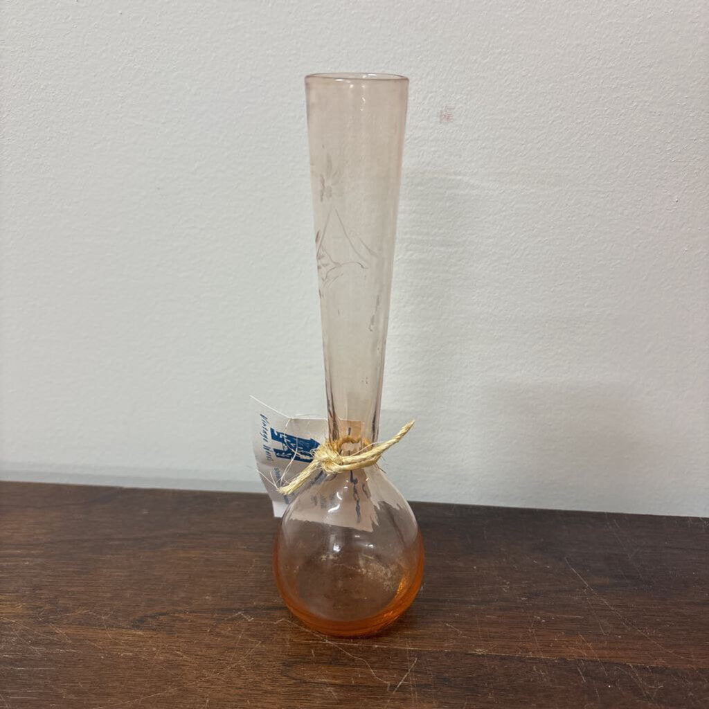 BUD VASE PINK/PEACH HANDBLOWN WITH ETCHED FLORAL DESIGN