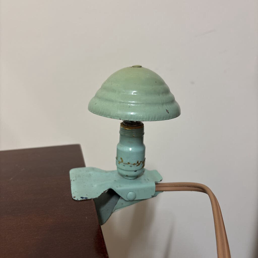 ACRO-LIT MUSHROOM CLAMP LIGHT IN PALE BLUE METAL1950'S-1960'S DOME-SHAPED UTILITY LIGHT DESK, WORKBENCH, NURSERY ETC
