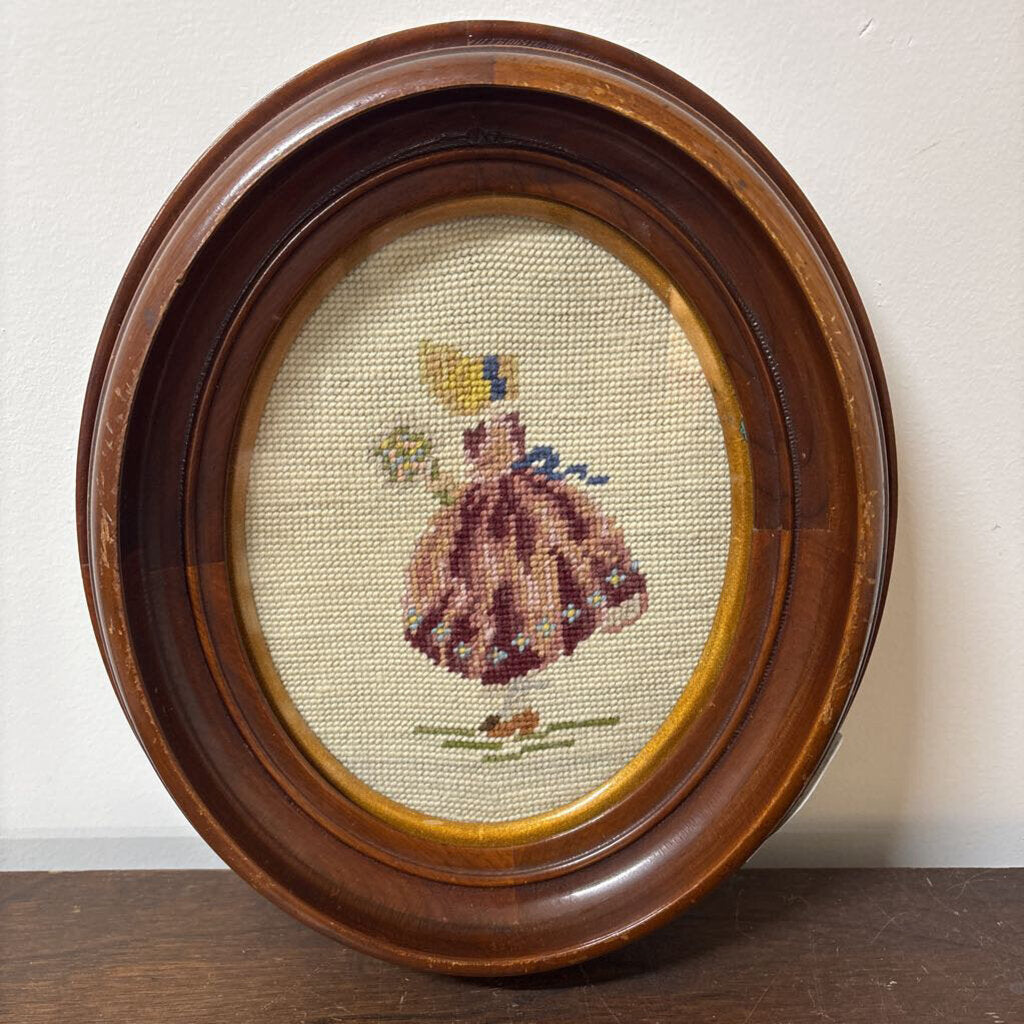 FRAMED NEEDLEPOINT VICTORIAN STYLE LADY WITH BONNET AND FLOWERS