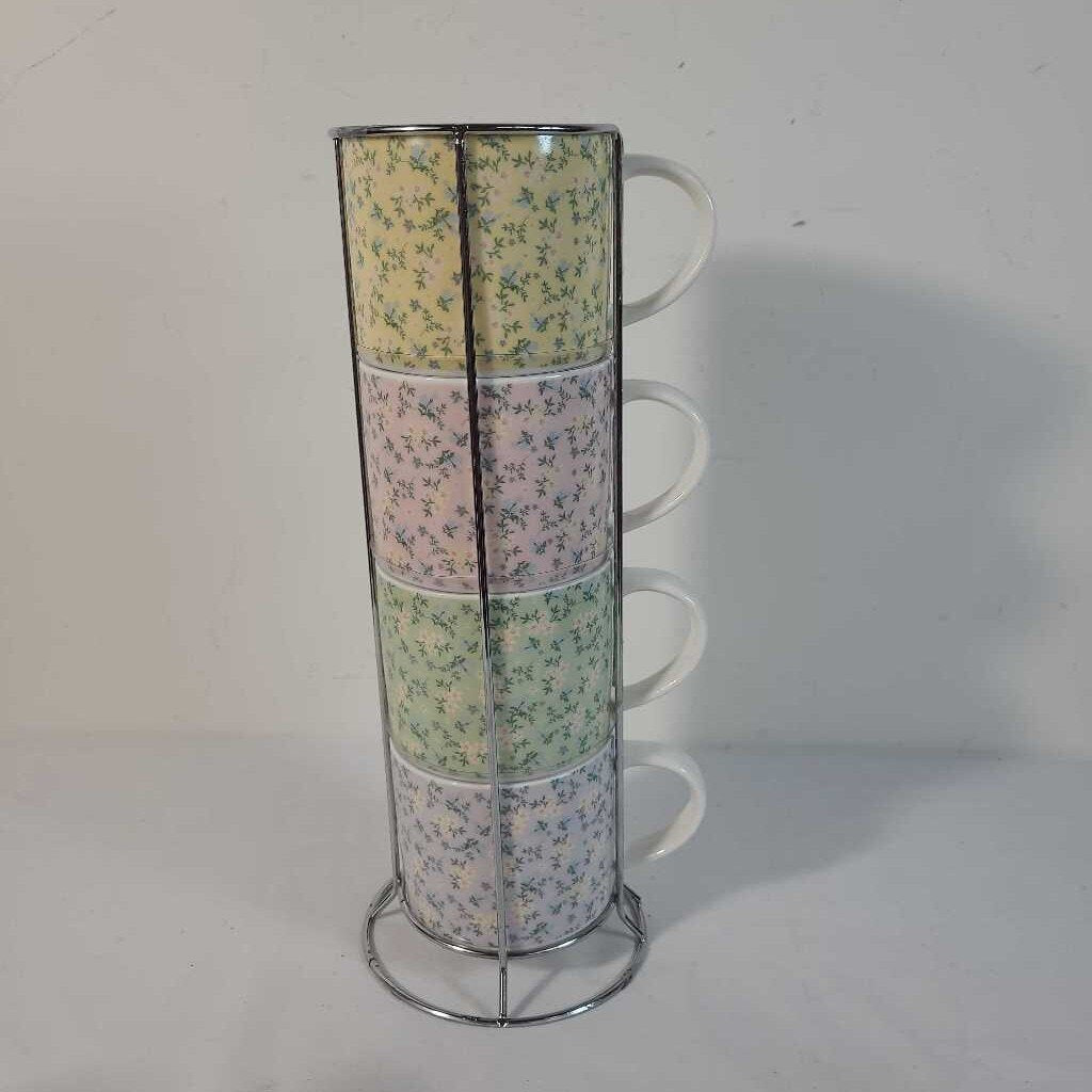 S/4 FLORAL MUGS IN STAND