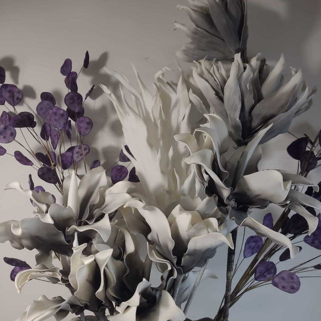 LG SILVER VASE W/PURPLE, GREY & WHITE FLORAL