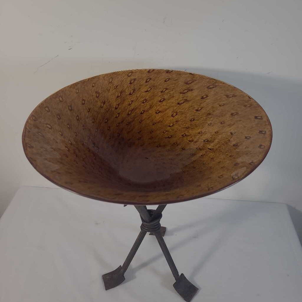 BLOWN GLASS TAN/BROWN BOWL ON METAL STAND
