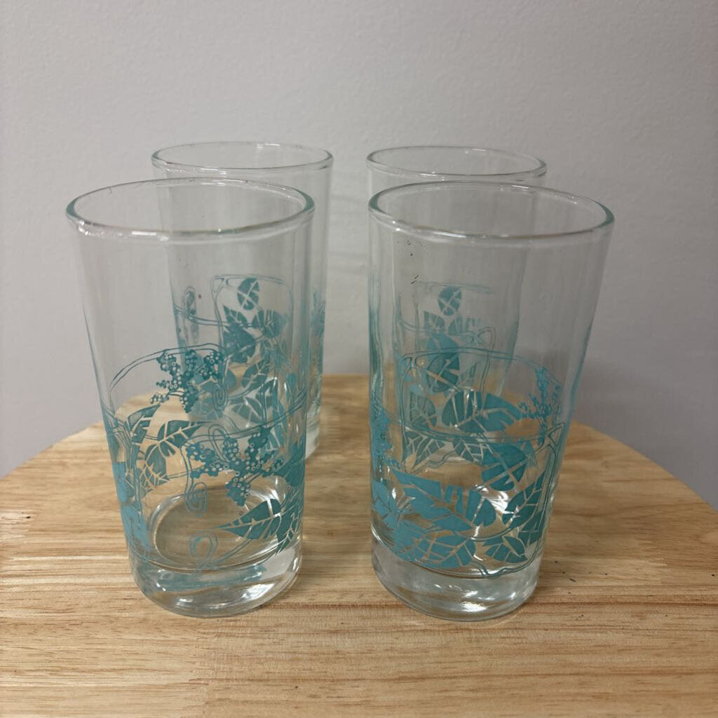 SET OF 4 SCREEN PRINTED LEAF DESIGN GLASSES BY DOMINION GLASS CANADIAN 1950'S