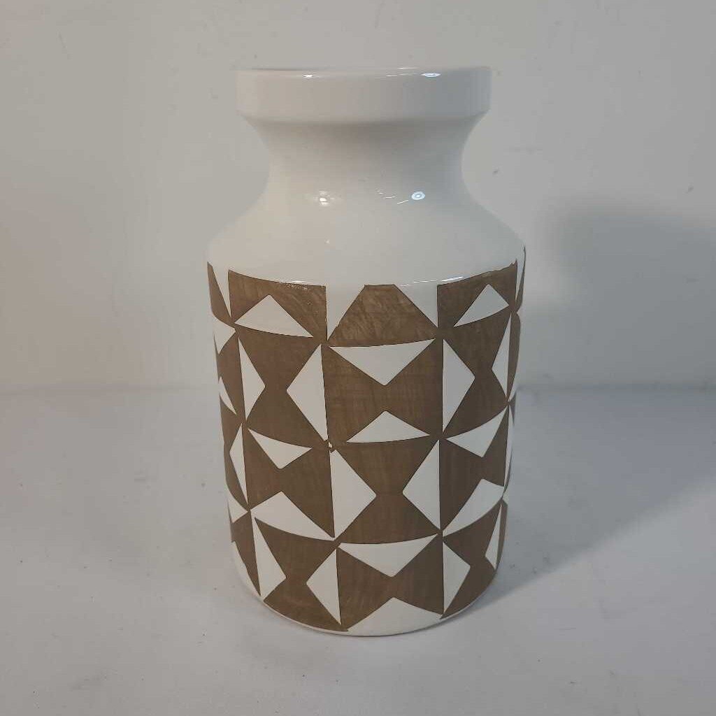 CREAM CERAMIC VASE W/ TAN INLAY