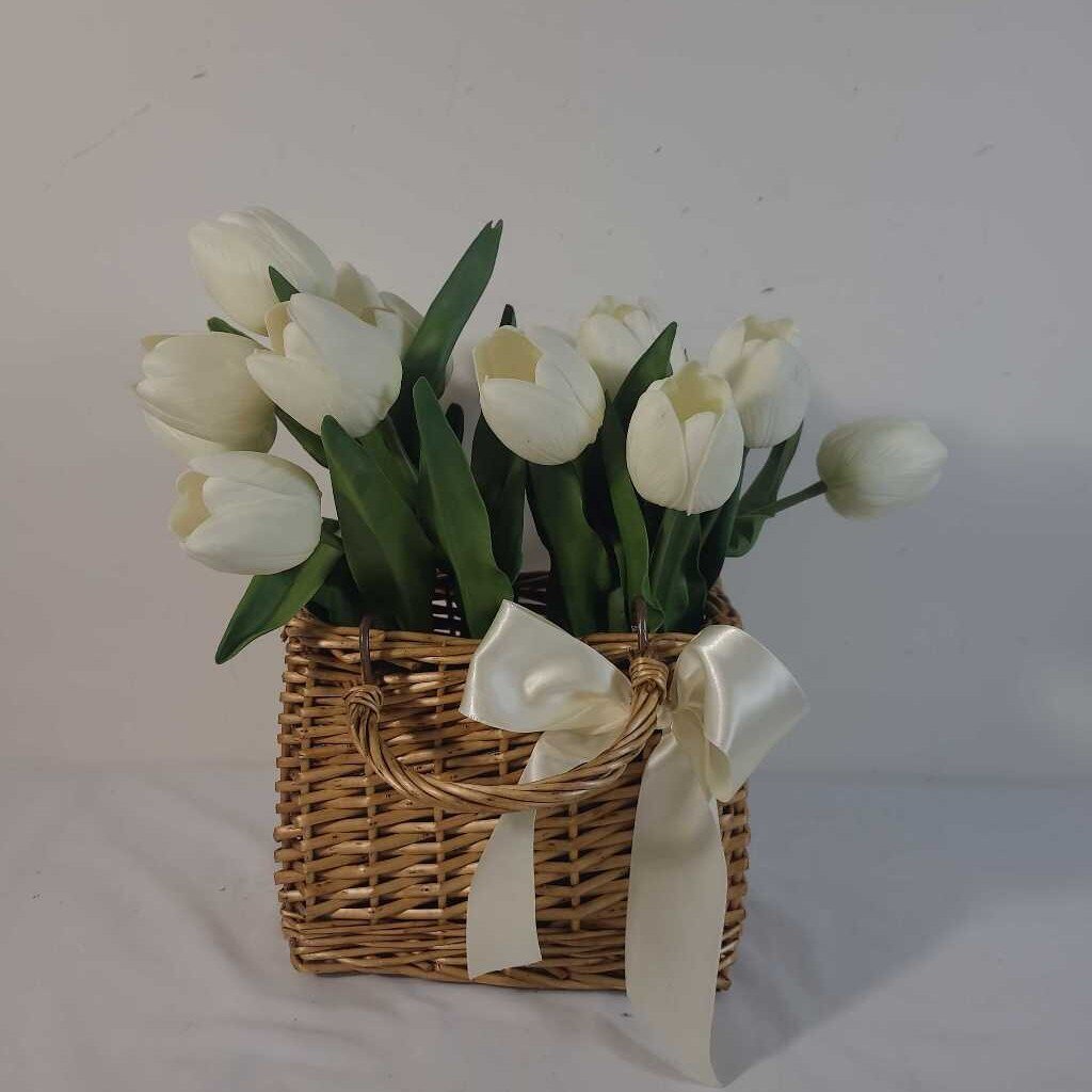 FAUX REAL TOUCH TULIPS IN WICKER BASKET