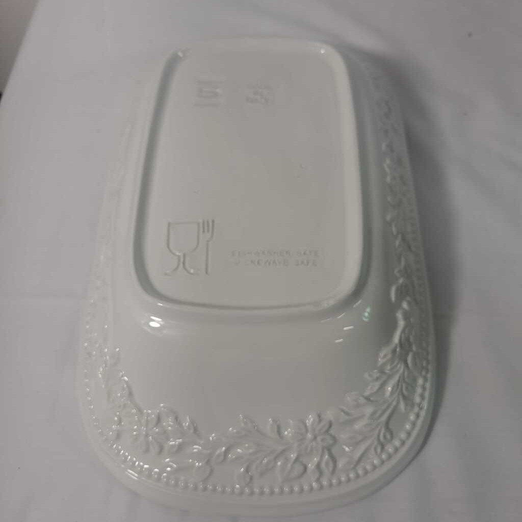 WHITE SERVING BOWL W/ EMBOSSES FLORAL PATTERN