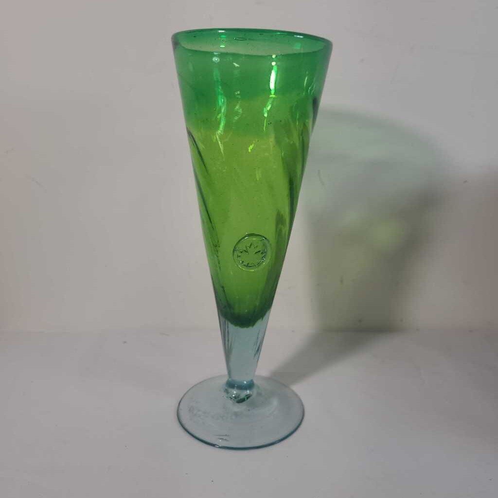 HAND BLOWN GREEN GLASS VASE