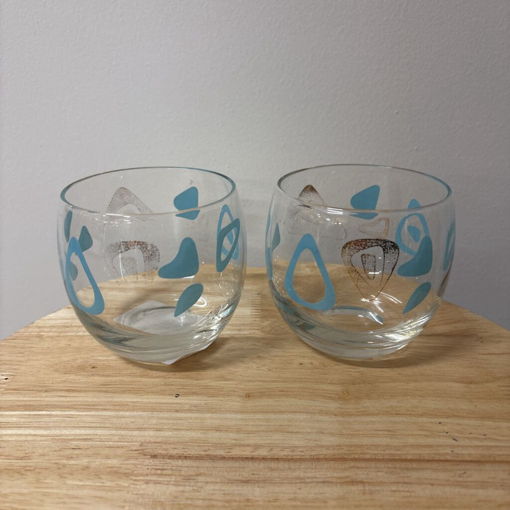 SET OF 2 1950'S FEDERAL GLASS LOW BALL OR "ROLY POLY" TUMBLERS ATOMIC AMOEBA OR BOOMERANG PATTERN STEMLESS WINE OR COCKTAILS