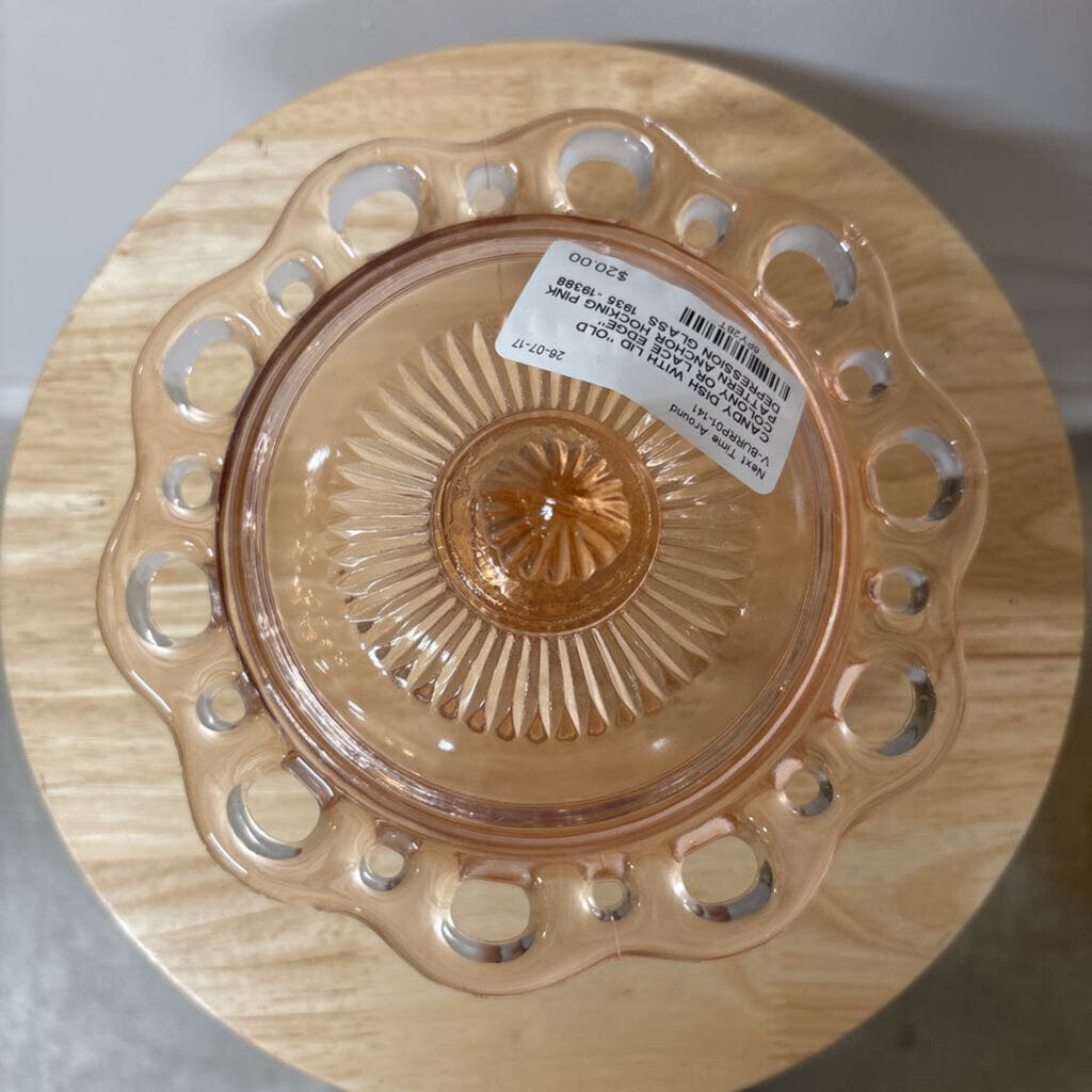 CANDY DISH WITH LID "OLD COLONY OR LACE EDGE" PATTERN ANCHOR HOCKING PINK DEPRESSION GLASS 1935 -19388