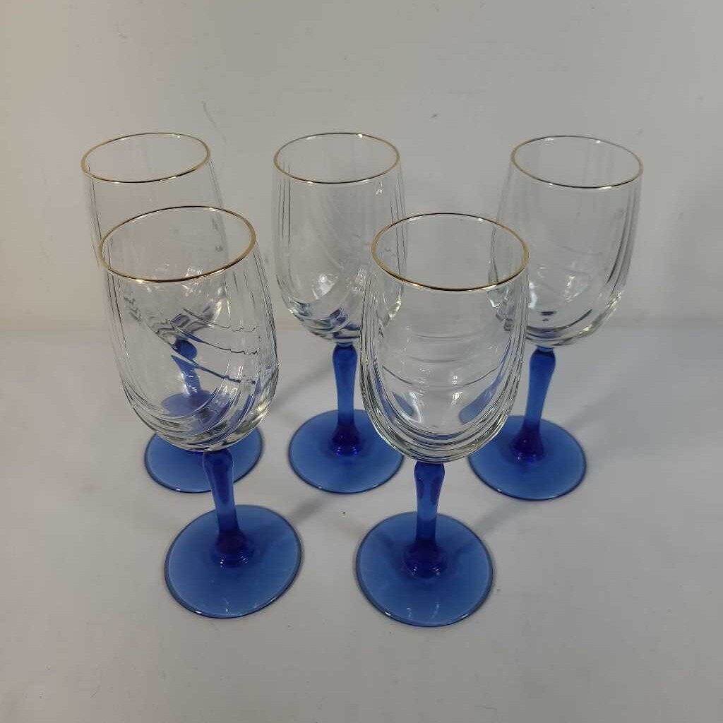 S/5 VTG LENOX BLUE STEM DUAL SWAG CRYSTAL WINE GLASSES
