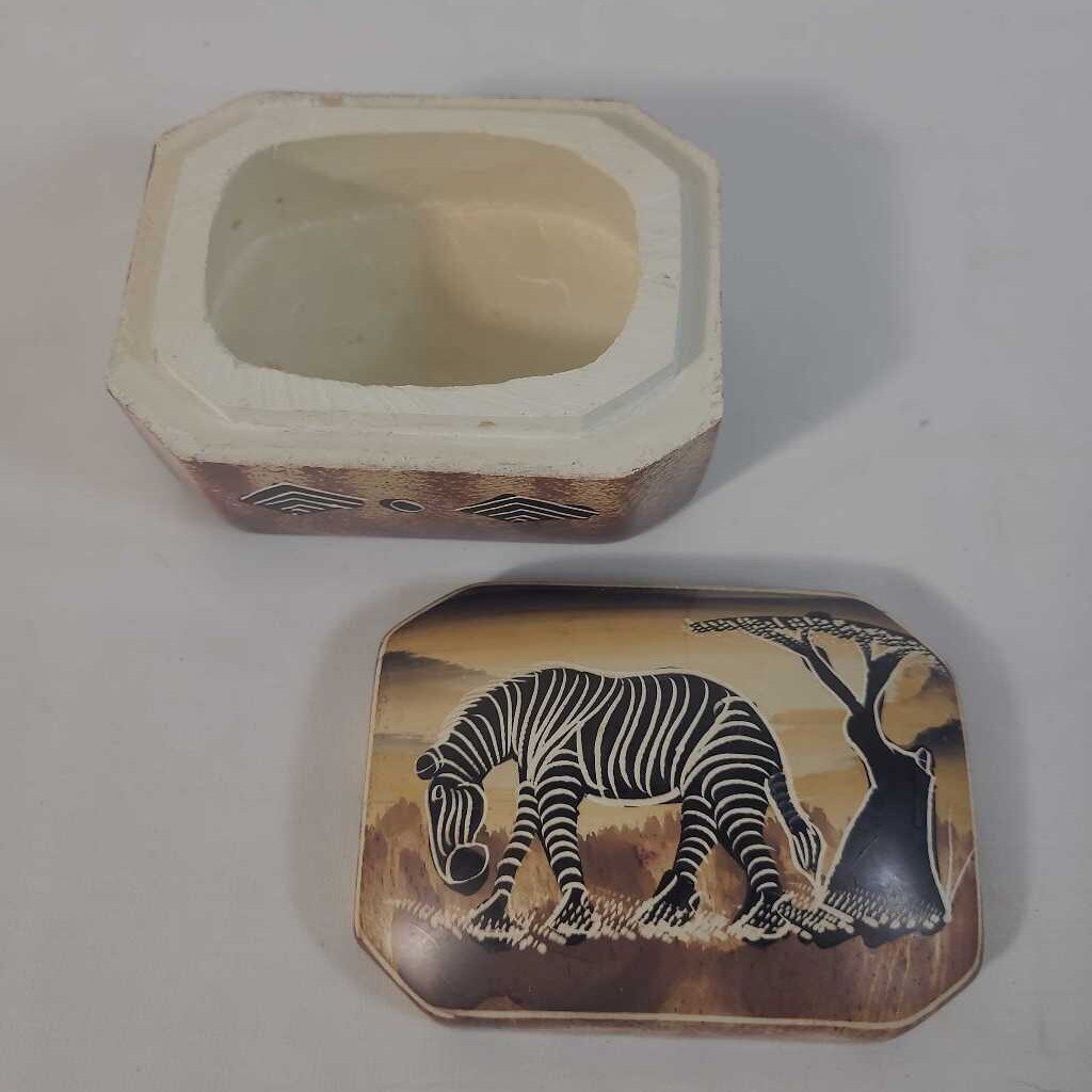 HAND-PAINTED SOAPSTONE ZEBRA TRINKET BOX