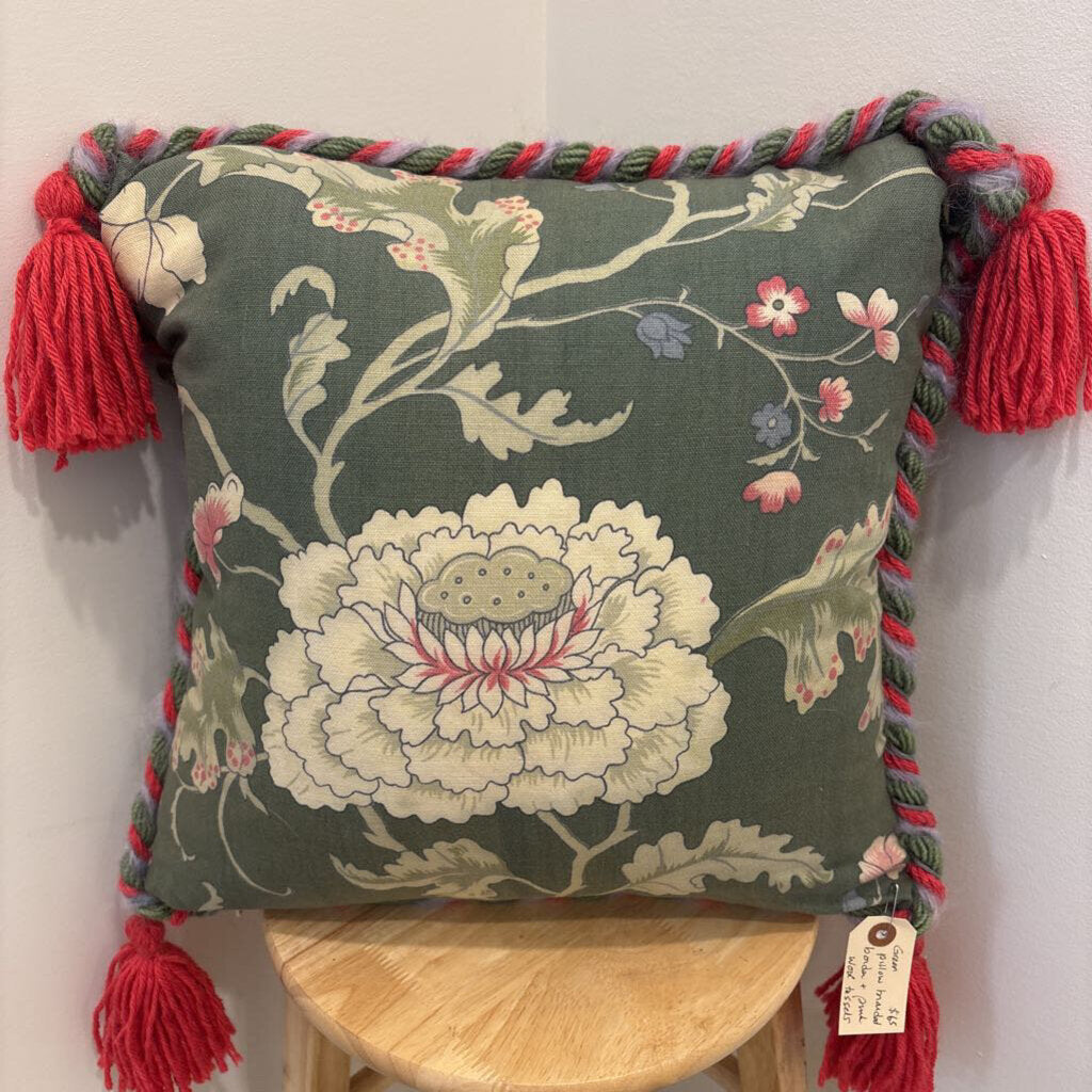 Pillow- 18 x 18---Green with braided border and wool tassels