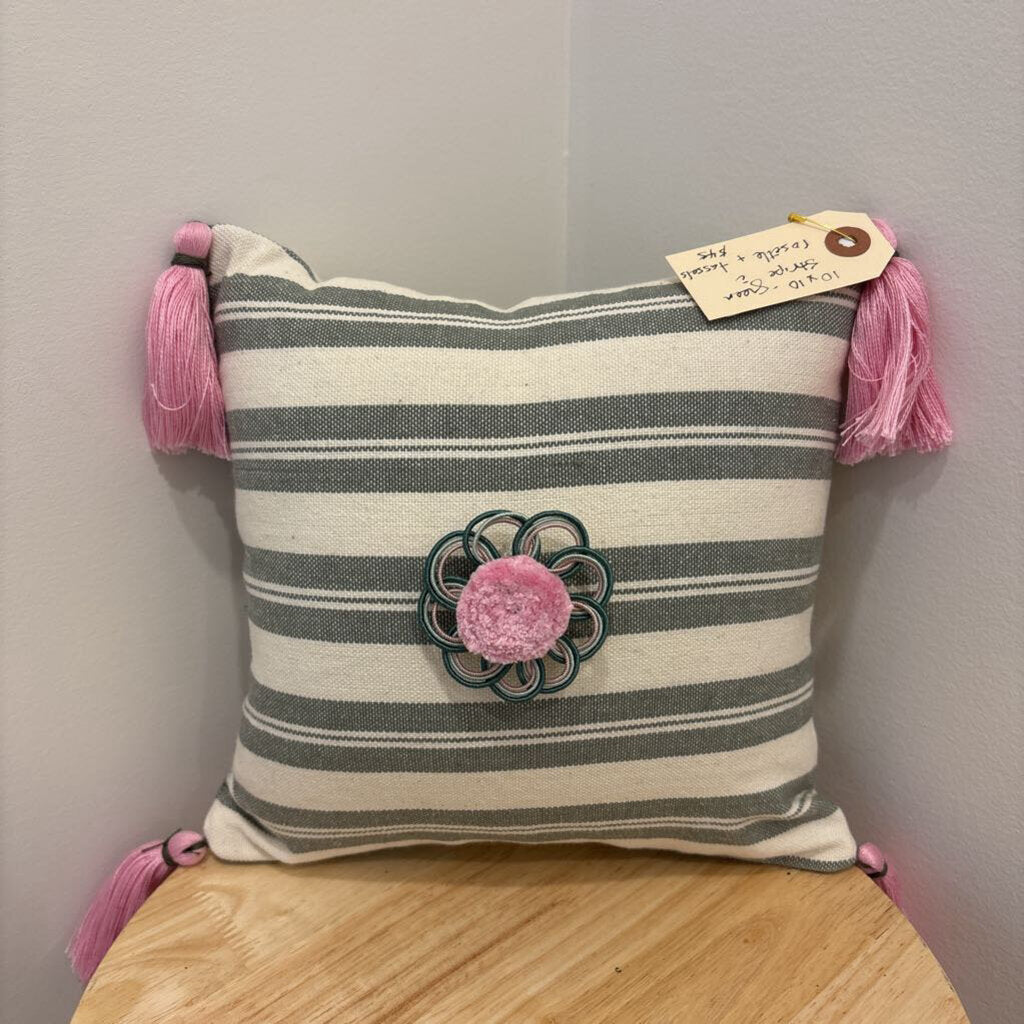 Pillow-10x10--Green stripe with rosette and tassels