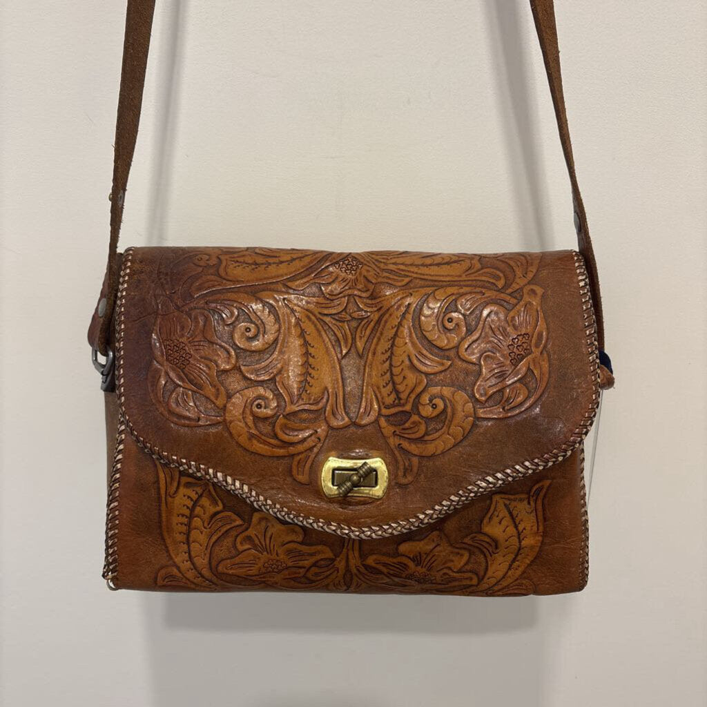 VINTAGE HAND TOOLED LEATHER FLORAL CROSSBODY BAG