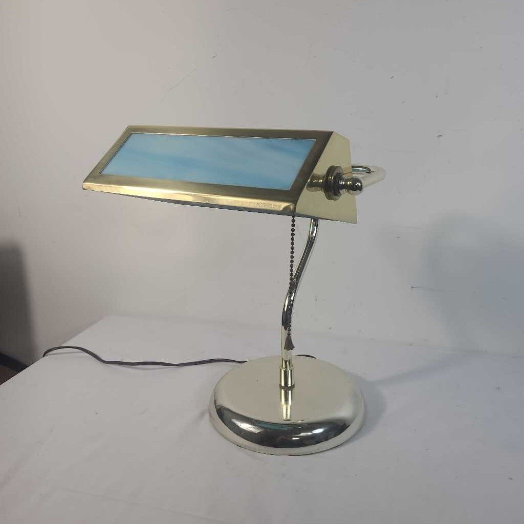SLAG GLASS BRASS BANKERS LAMP