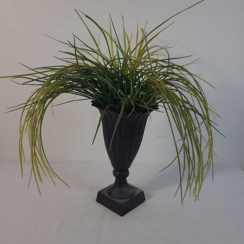 FAUX GRASS IN CAST IRON VASE