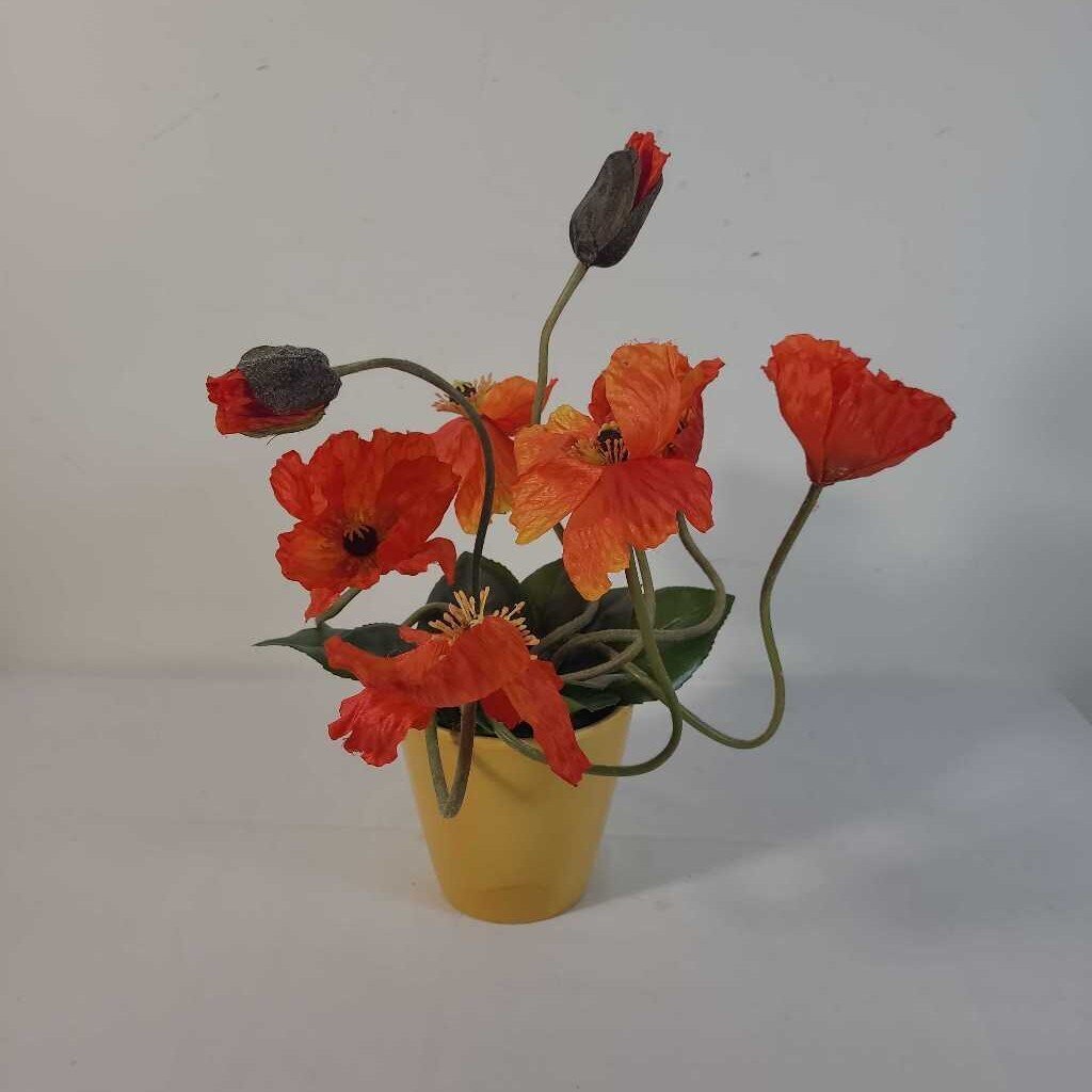 FAUX POPPIES IN YELLOW POT