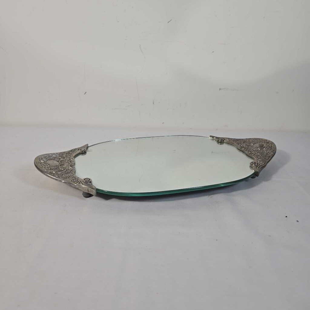MIRRORED TRAY W/SILVER HANDLES
