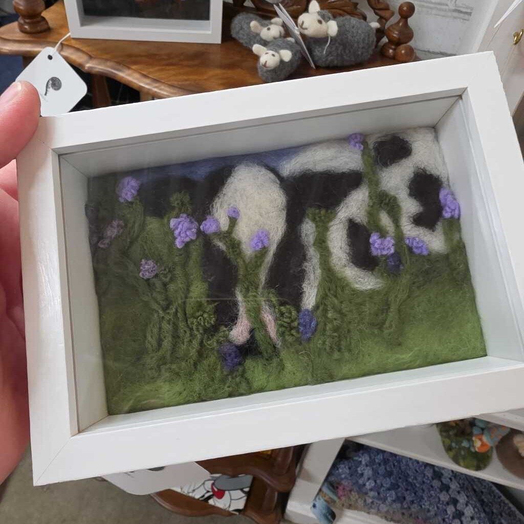Handmade Wool Painting in Rescued Frame ~ Cow