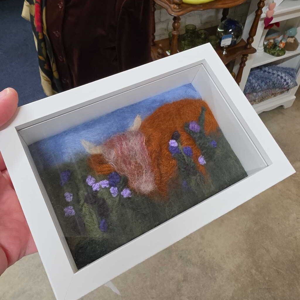 Handmade Wool Painting in Rescued Frame ~ Highland Cow