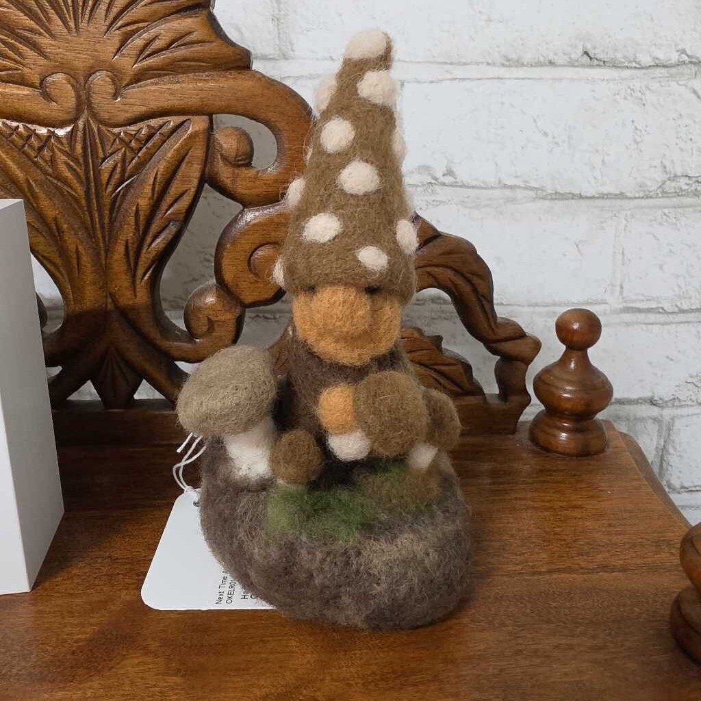 Handmade Felted Wool Decor Gnome with Mushrooms