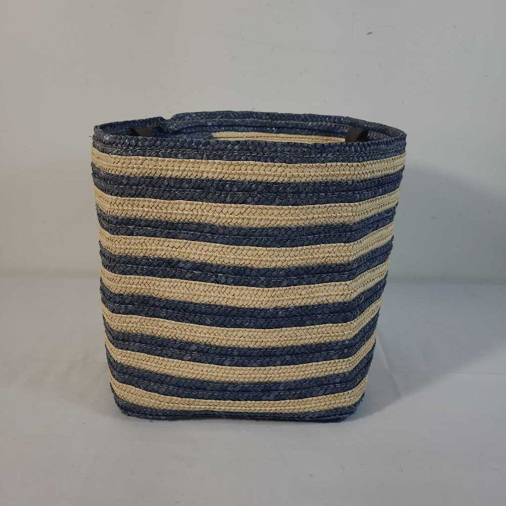 BLUE/ BEIGE WOVEN BASKET W/ HANDLES