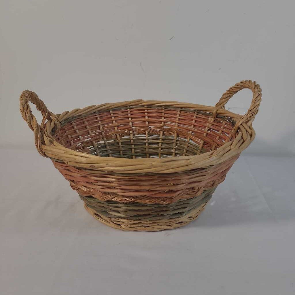GREEN & ORANGE WOVEN BASKET W/ HANDLES
