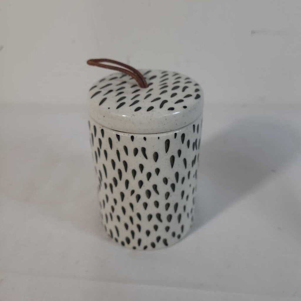 CERAMIC LIDDED CONTAINER W/ LEATHER HANDLE
