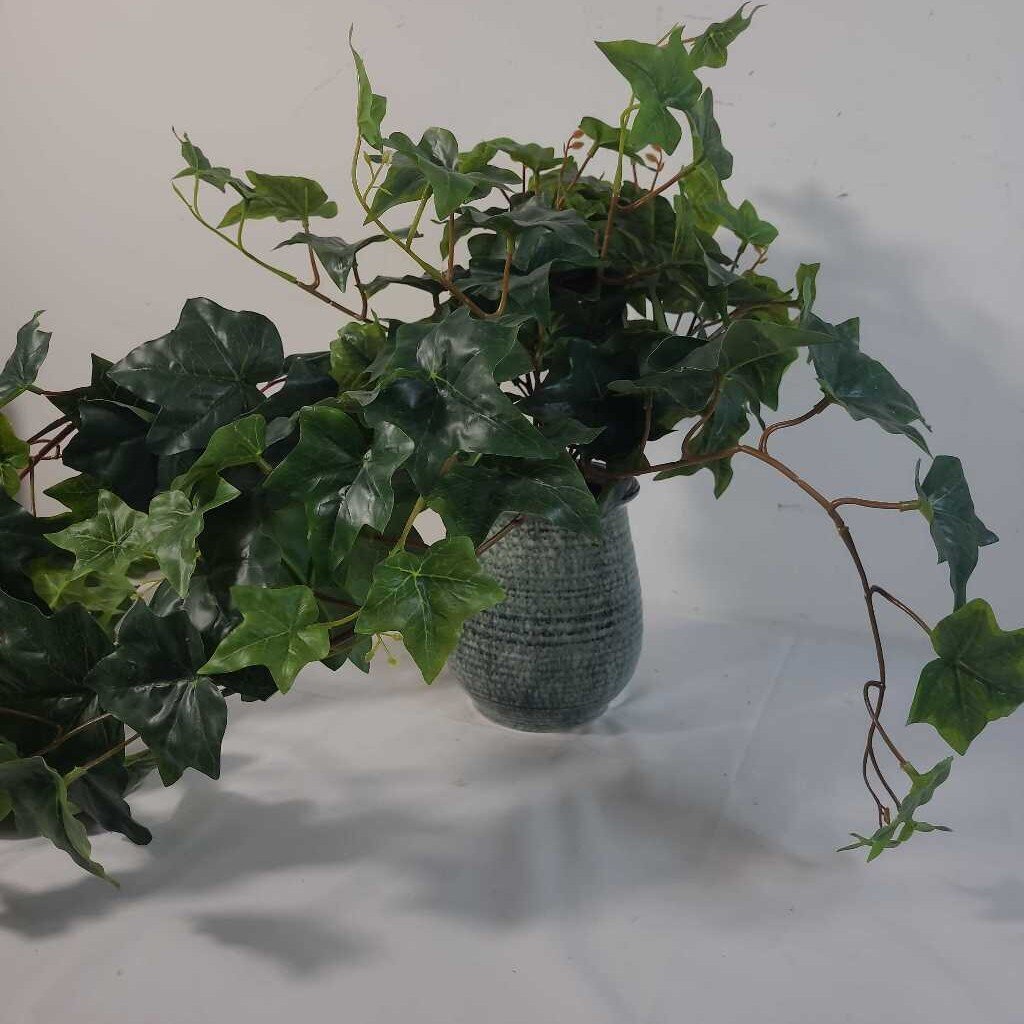 BLUE CERAMIC VASE W/FAUX GREENER