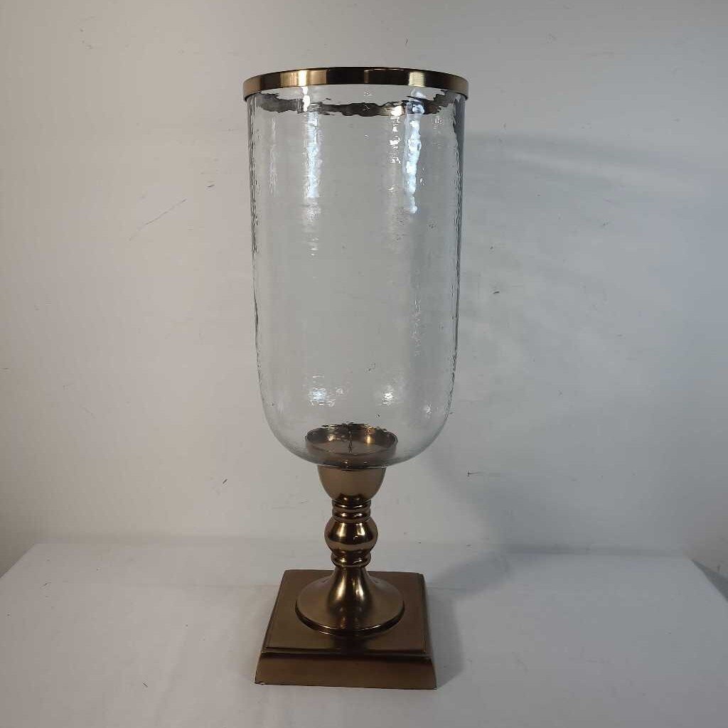 BOMBAY GLASS HURRICANE CANDLE HOLDER ON BRASS PEDESTAL