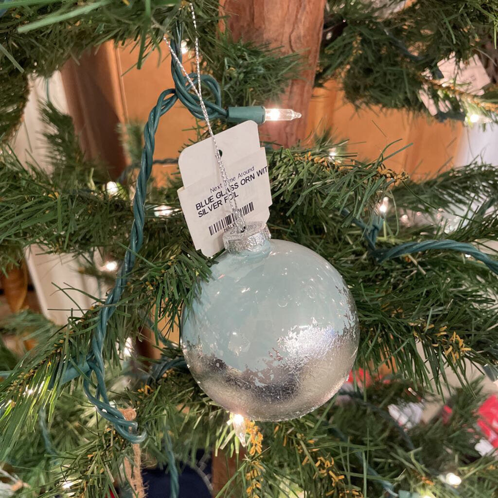 BLUE GLASS ORN WITH SILVER FOIL