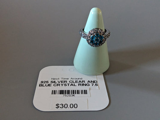 .925 SILVER CLEAR AND BLUE CRYSTAL RING 7.5