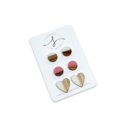 WOOD GRAIN WHITE HEARTS - TRIO EARRINGS