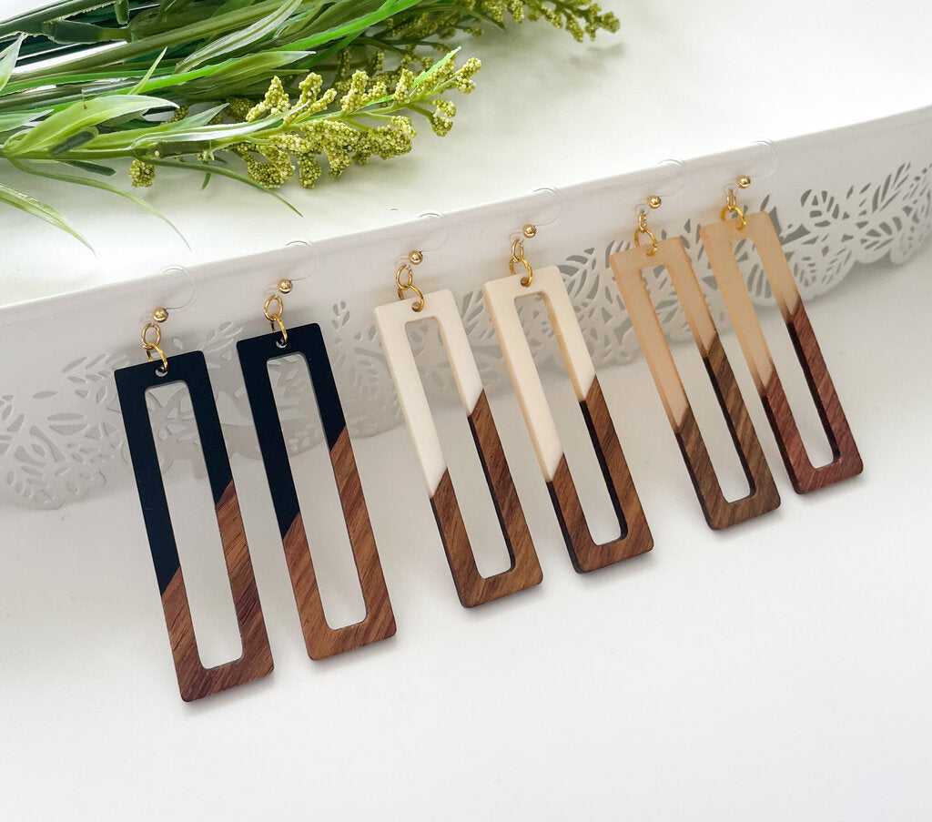 WOOD GRAIN RECTANGLE/BLACK - DANGLE EARRINGS