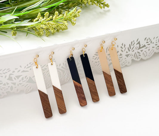 WOOD GRAIN LONG BAR/BLACK - DANGLE EARRINGS