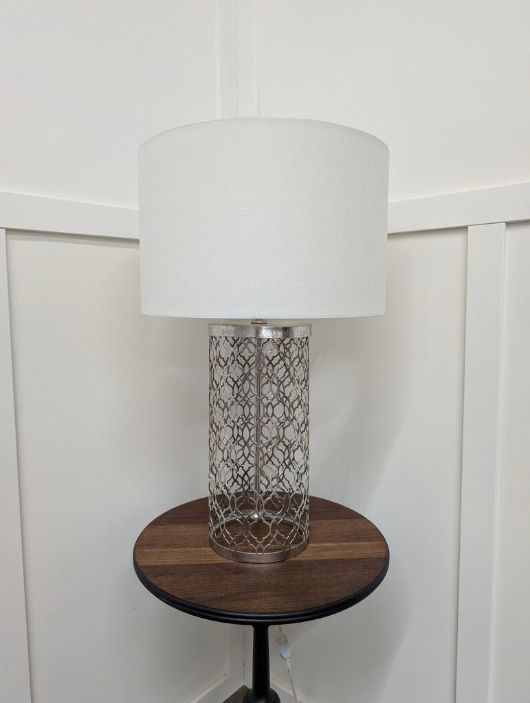 Silver "Lattice" Lamp w Shallow Drum Shade